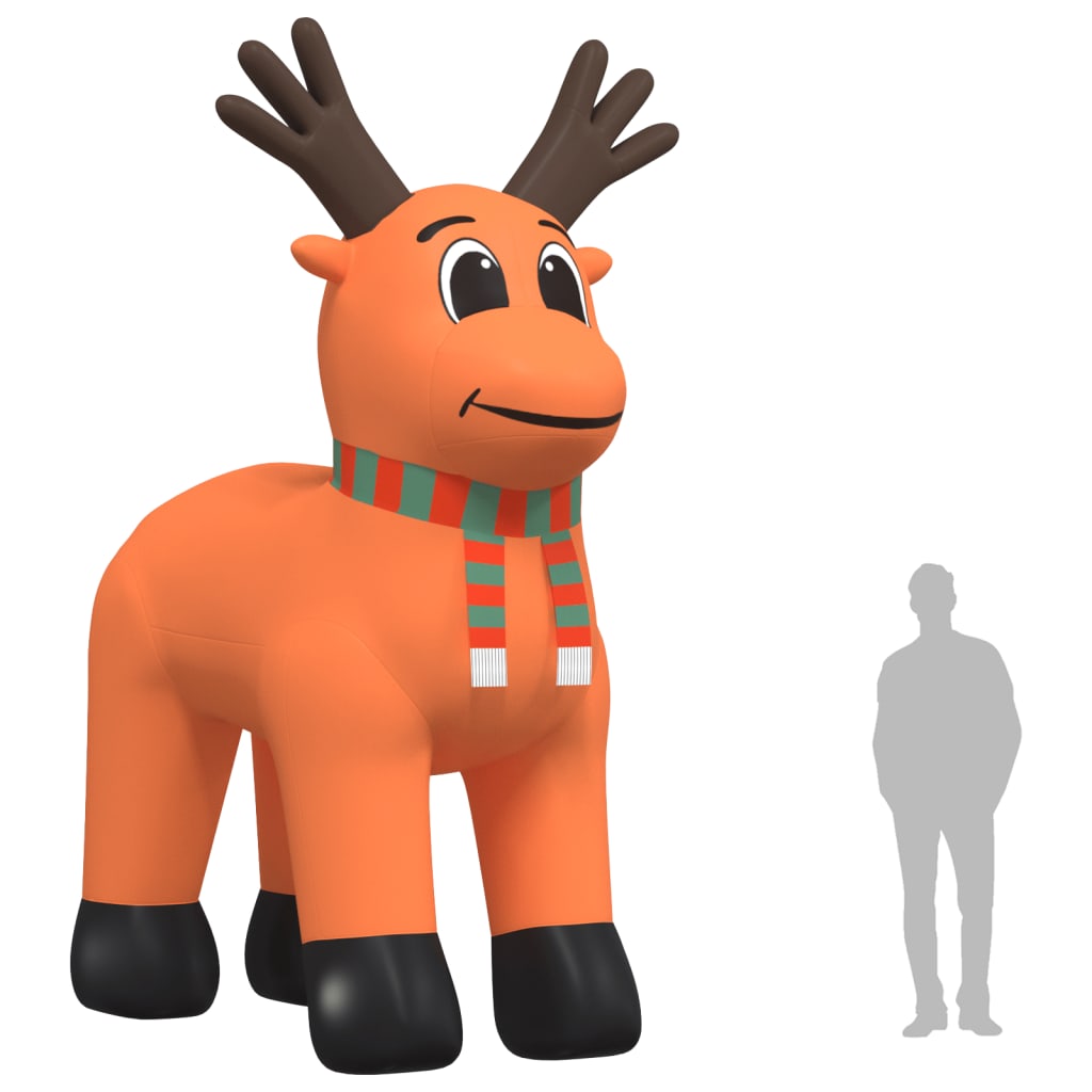Orange inflatable reindeer with antlers and scarf, 196.9 inches tall, next to human figure.
