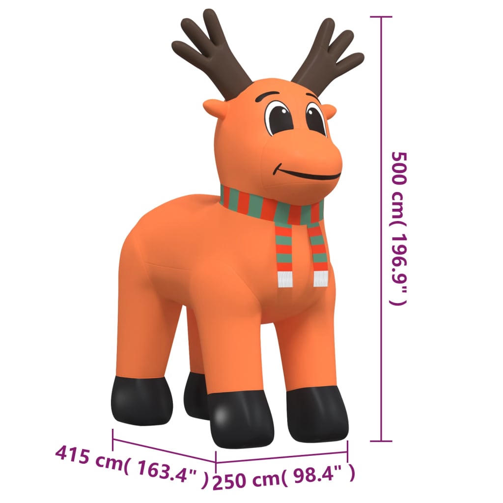 Orange inflatable Christmas reindeer with LEDs, scarf, and antlers, 196.9 inches tall with dimensions shown.