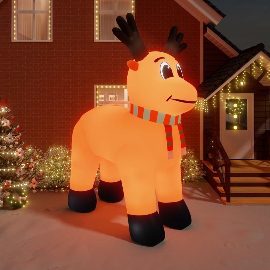 Inflatable Christmas reindeer, 196.9 inches tall, with LED lights, orange body, black legs, red nose, and striped scarf.