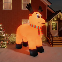 Inflatable Christmas reindeer, 196.9 inches tall, with LED lights, orange body, black legs, red nose, and striped scarf.