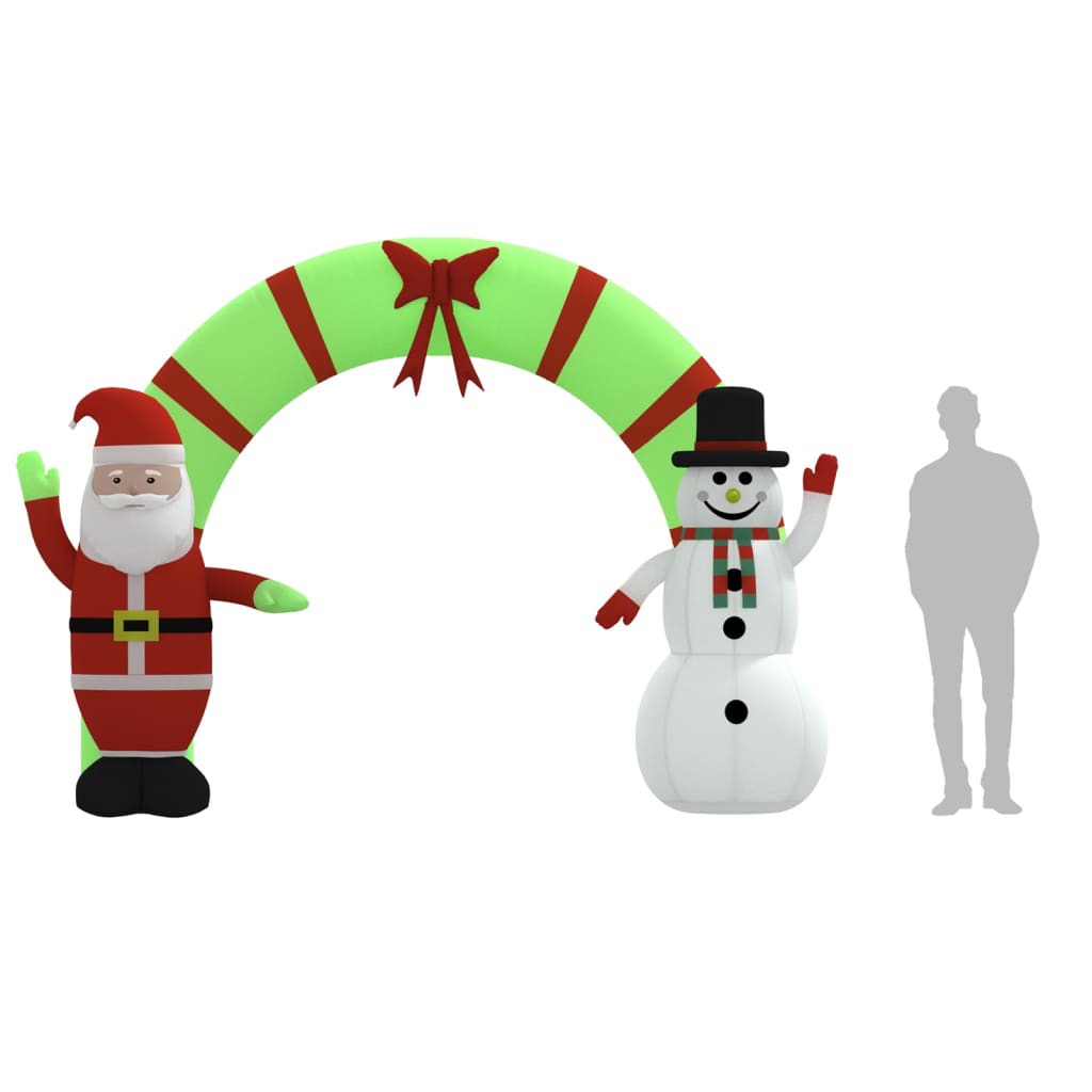 Inflatable Christmas arch gate featuring Santa and snowman with LED lights.