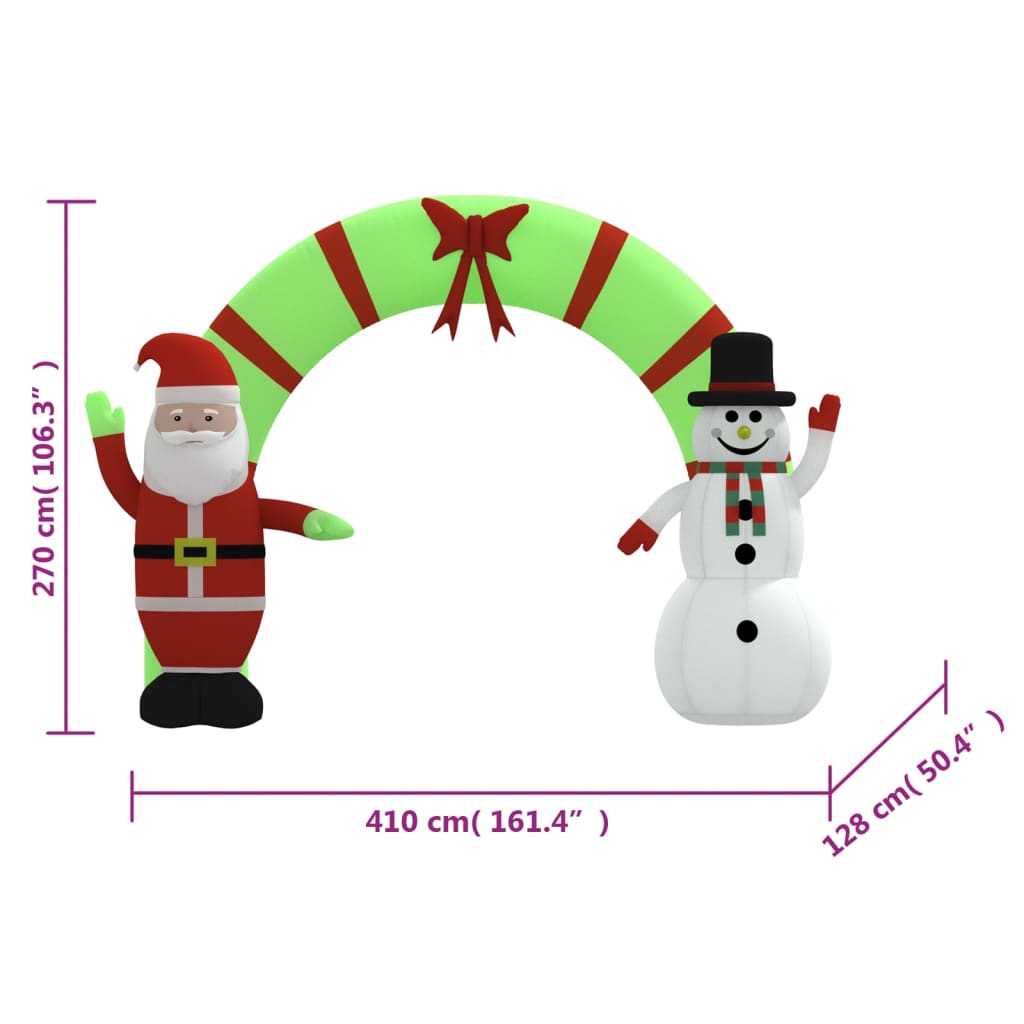 Inflatable Christmas arch gate featuring Santa and snowman figures with LED lights, measuring 410 cm wide.