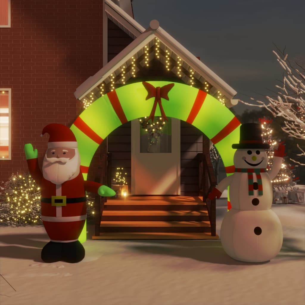 Inflatable Christmas arch gate featuring Santa and snowman with LED lights.