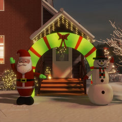 Inflatable Christmas arch gate featuring Santa and snowman with LED lights.