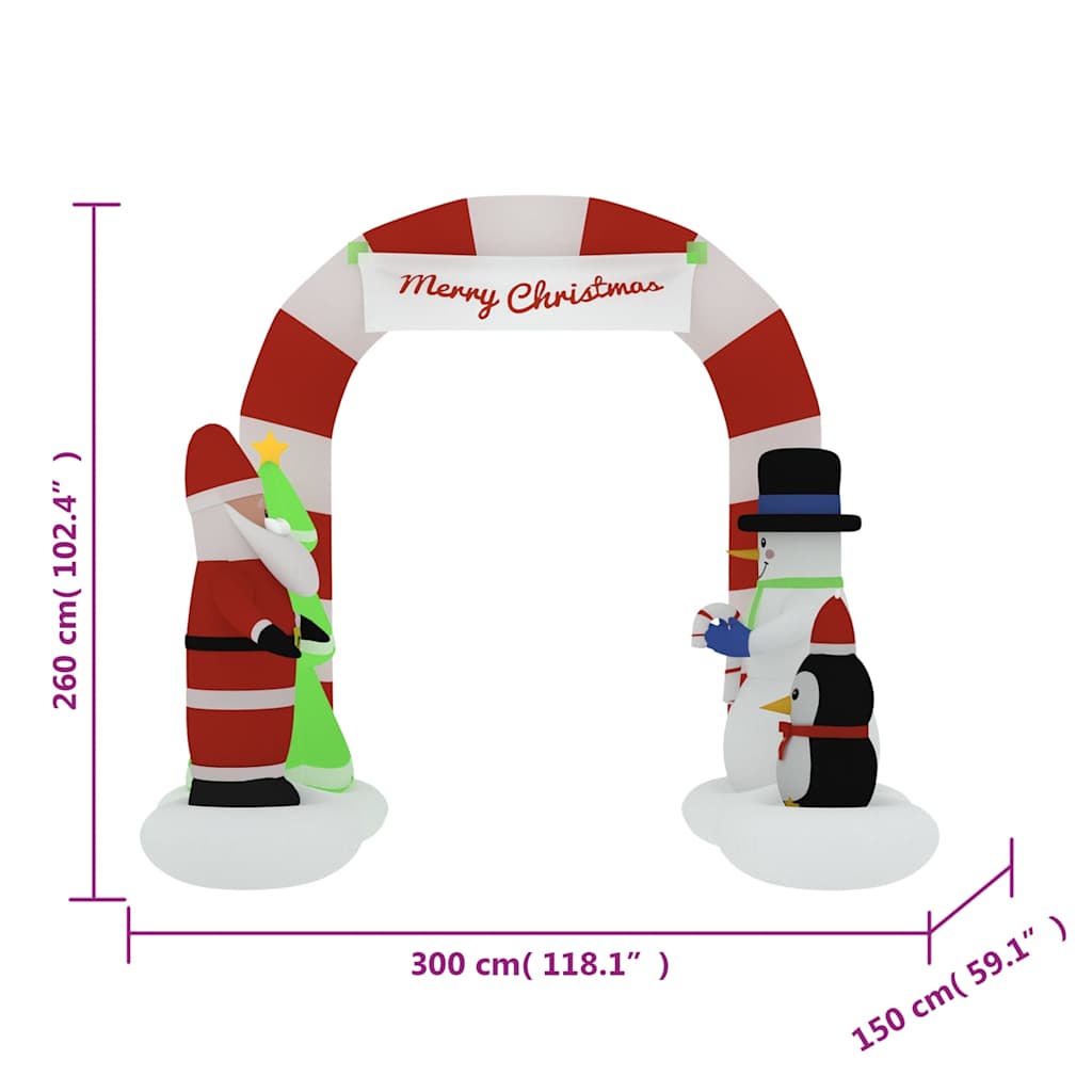 Inflatable Santa and snowman arch gate, 102.4 inches tall with multicolor LED lights.