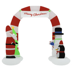 Inflatable Santa and snowman arch gate with Merry Christmas banner and multicolor LEDs, 102.4 inches tall.