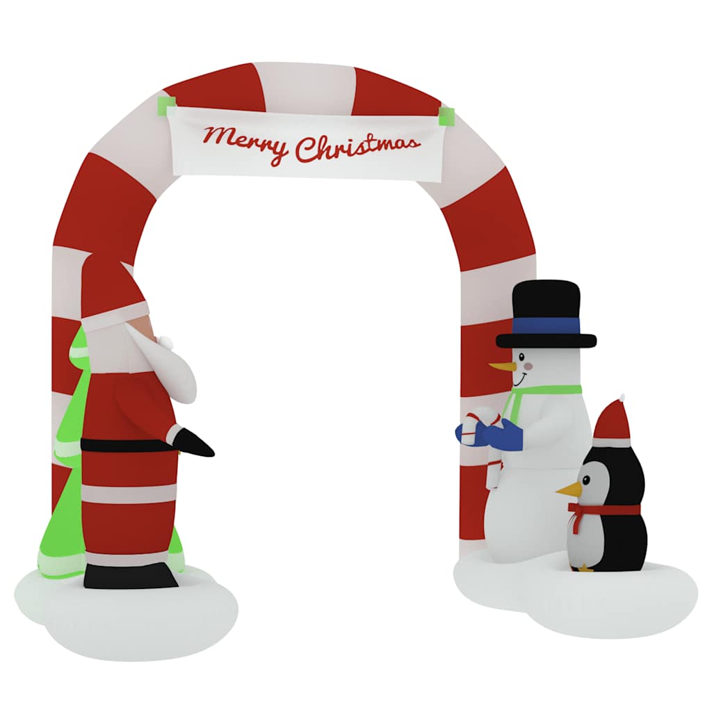 Inflatable Santa and snowman arch gate with LED lights and red-white striped arch.
