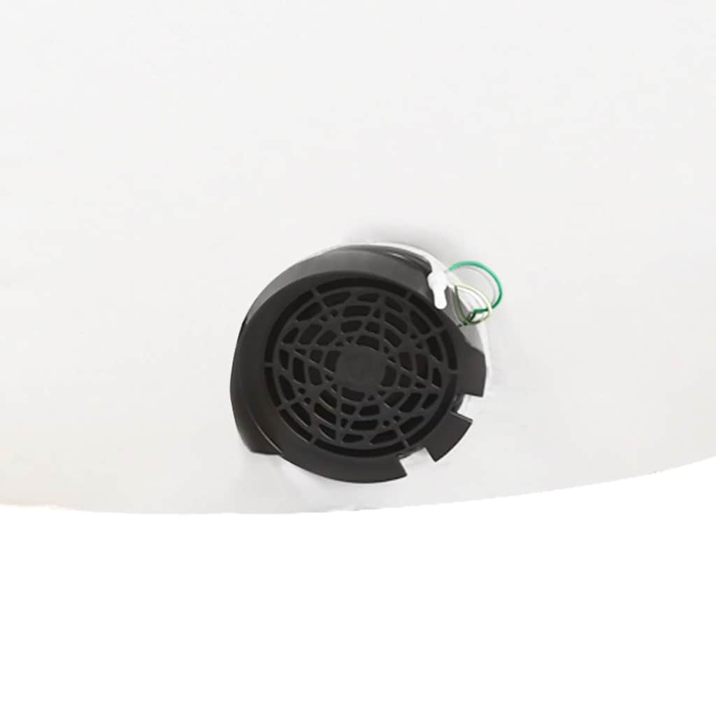 Black circular fan with green and white wires on white background.