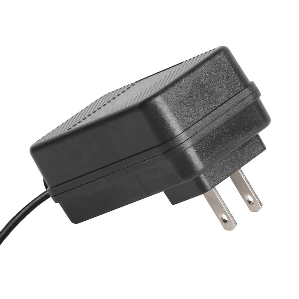 Black power adapter with two metal prongs and attached cable visible from side angle