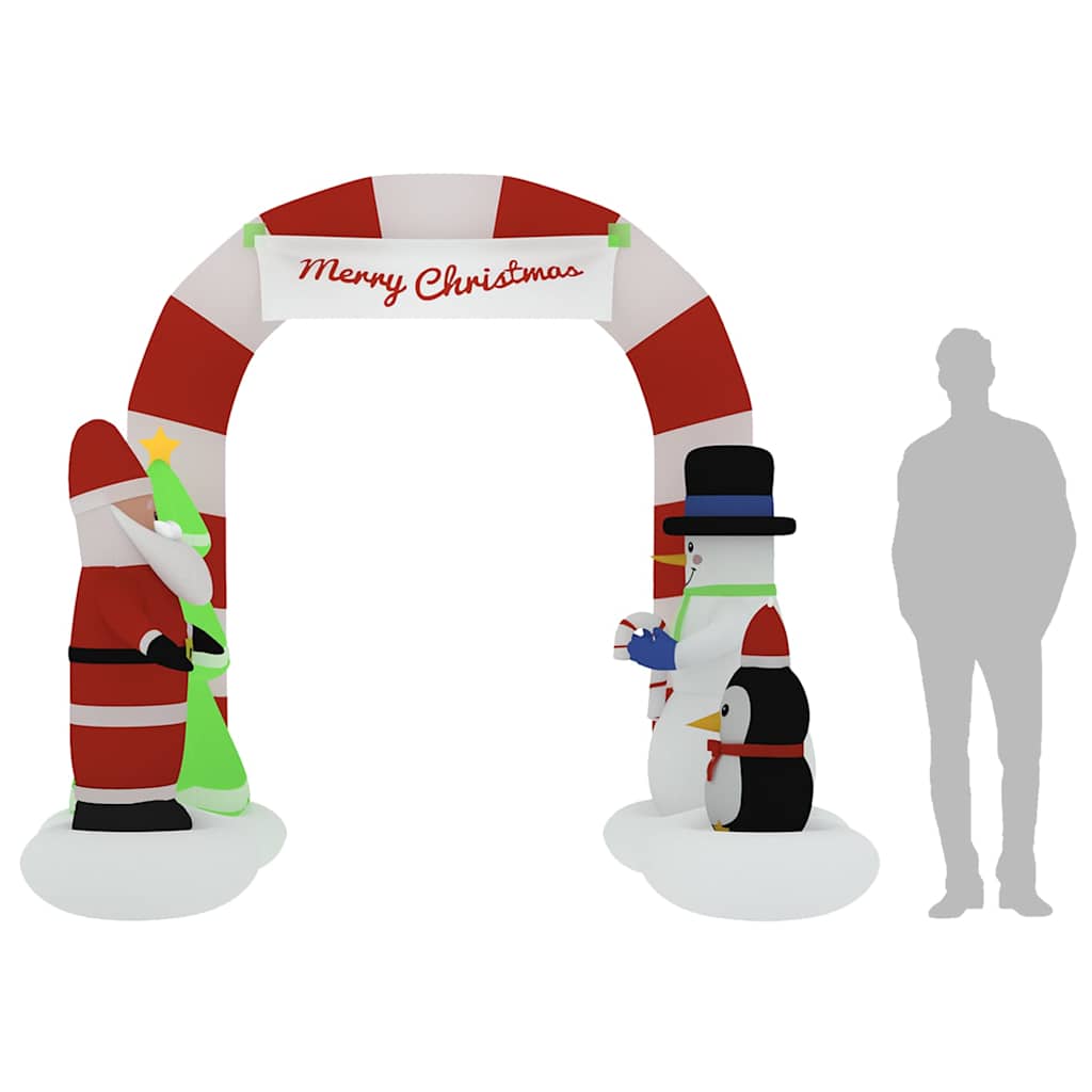 Inflatable Merry Christmas arch gate with Santa, snowman, penguin, and multicolor LEDs, 102.4 inches tall.