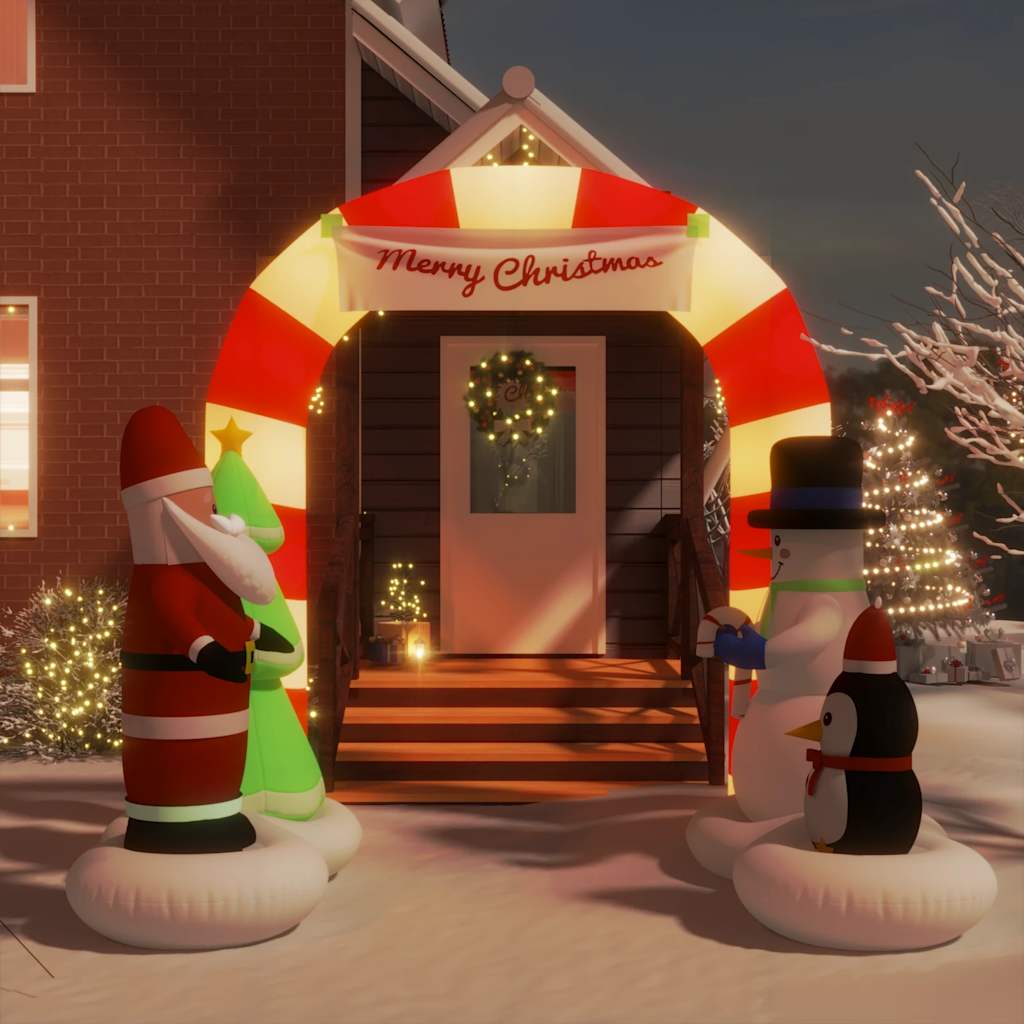 Inflatable arch gate with LED multicolor lights featuring Santa and a snowman decoration.