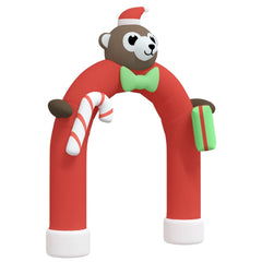 A red inflatable Christmas arch with a bear wearing a Santa hat, a candy cane, and a gift.