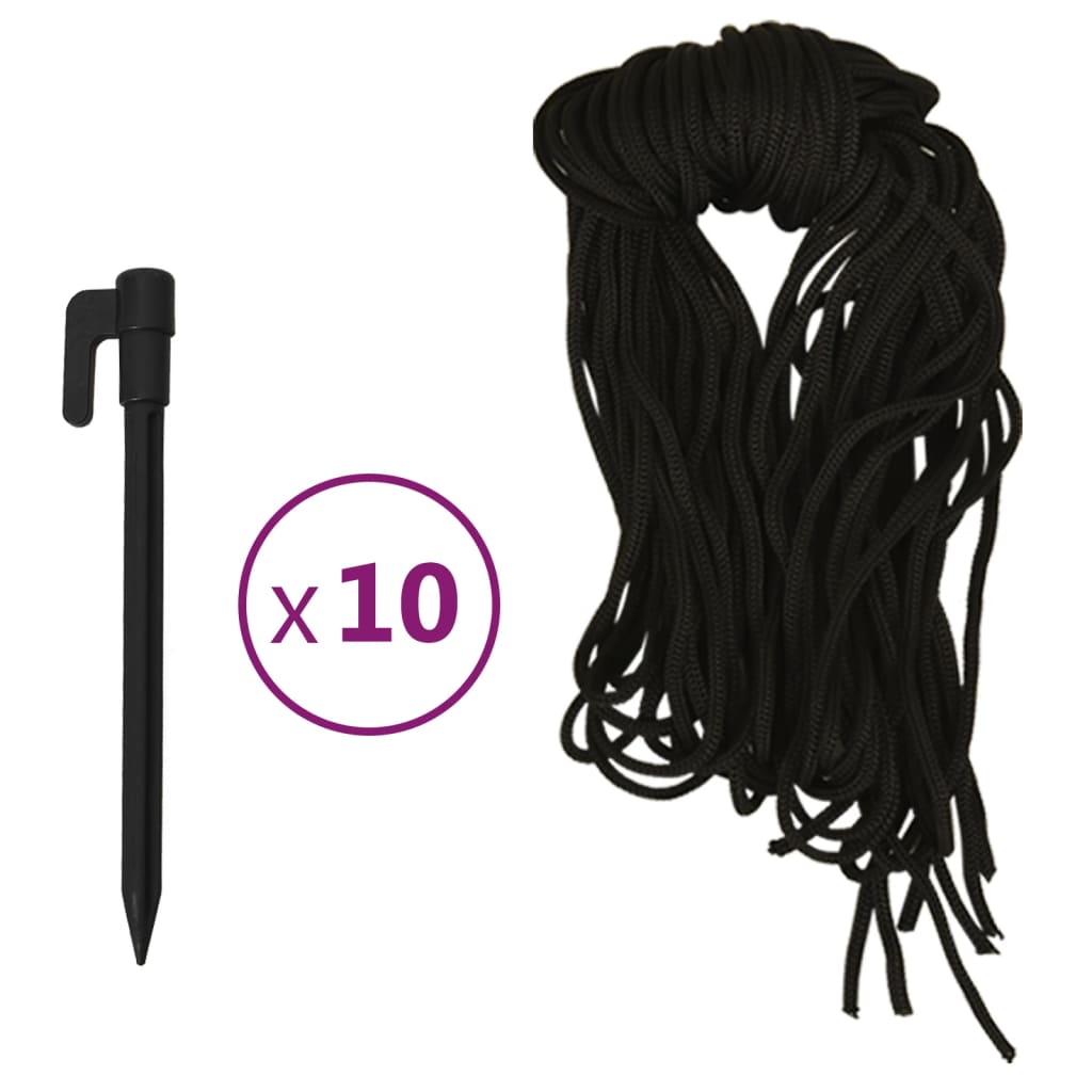 Black tent stakes and a bundle of black ropes, with "x 10" in a purple circle.