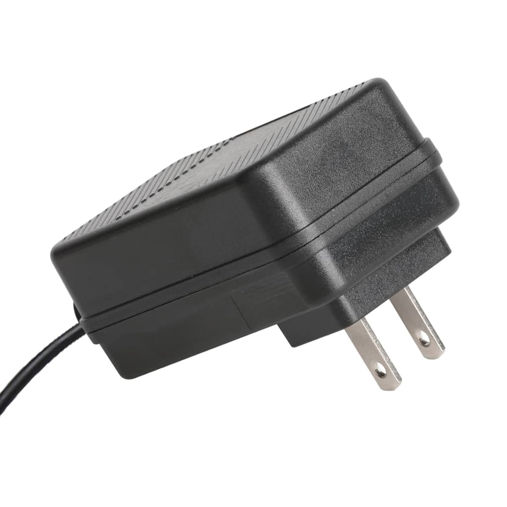 A black power adapter with a two-prong US plug is shown at an angle.