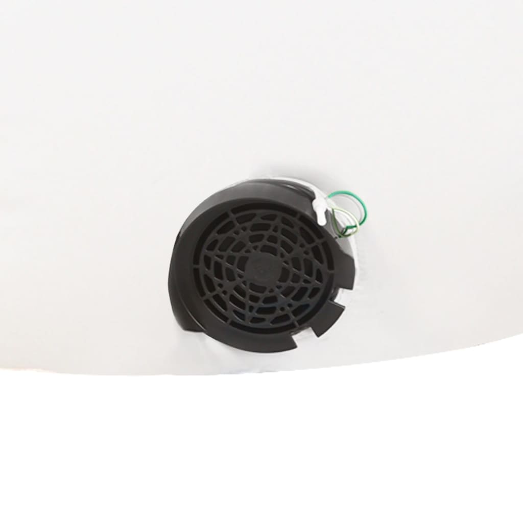 A black fan with a protective grate is visible on a white inflatable surface.