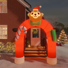 Inflatable Christmas LED arch gate with a Santa bear, candy canes, and gifts, 149.6 inches tall in multicolor.