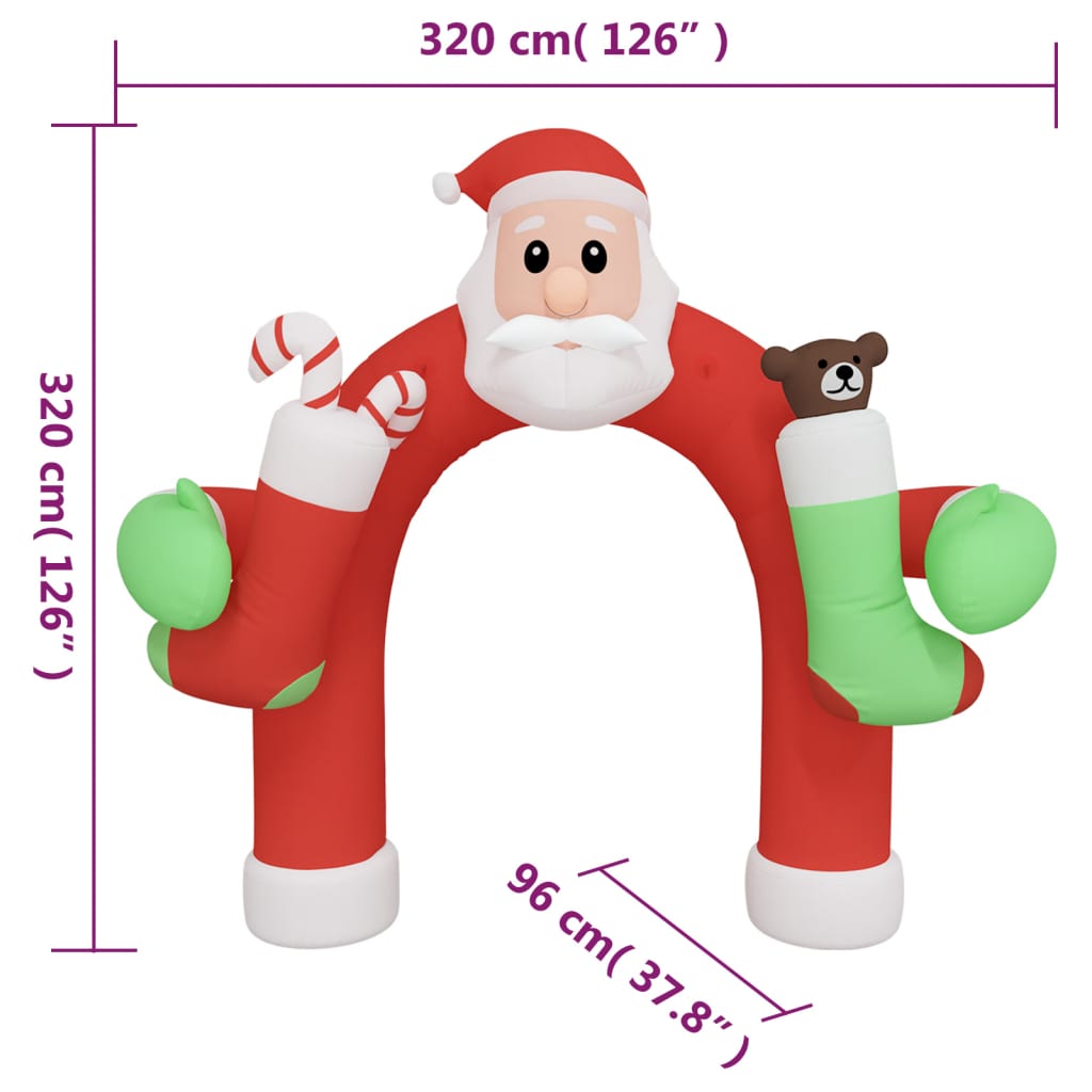 Inflatable LED Santa arch gate, 126 inches tall, multicolor lights, with stockings and bear.