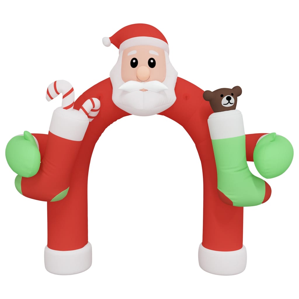Inflatable Christmas arch gate with Santa, stockings, candy canes, and multicolor LED lights, 126 inches tall.