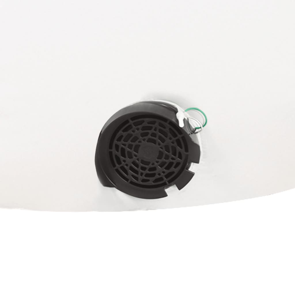 Black circular fan vent on white fabric of inflatable arch gate with attached wires.