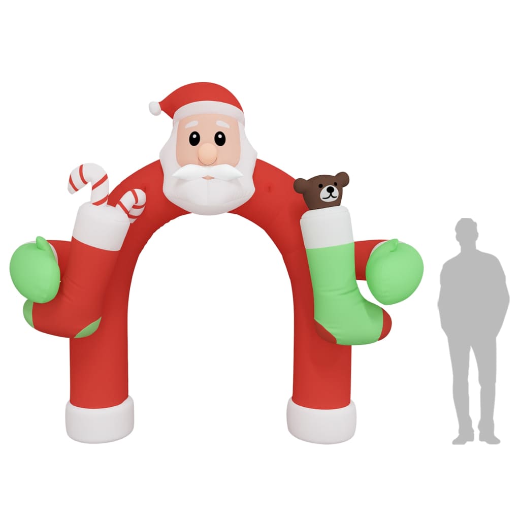 Inflatable Christmas arch gate with Santa, candy canes, and teddy bear stockings, multicolor LED lights.