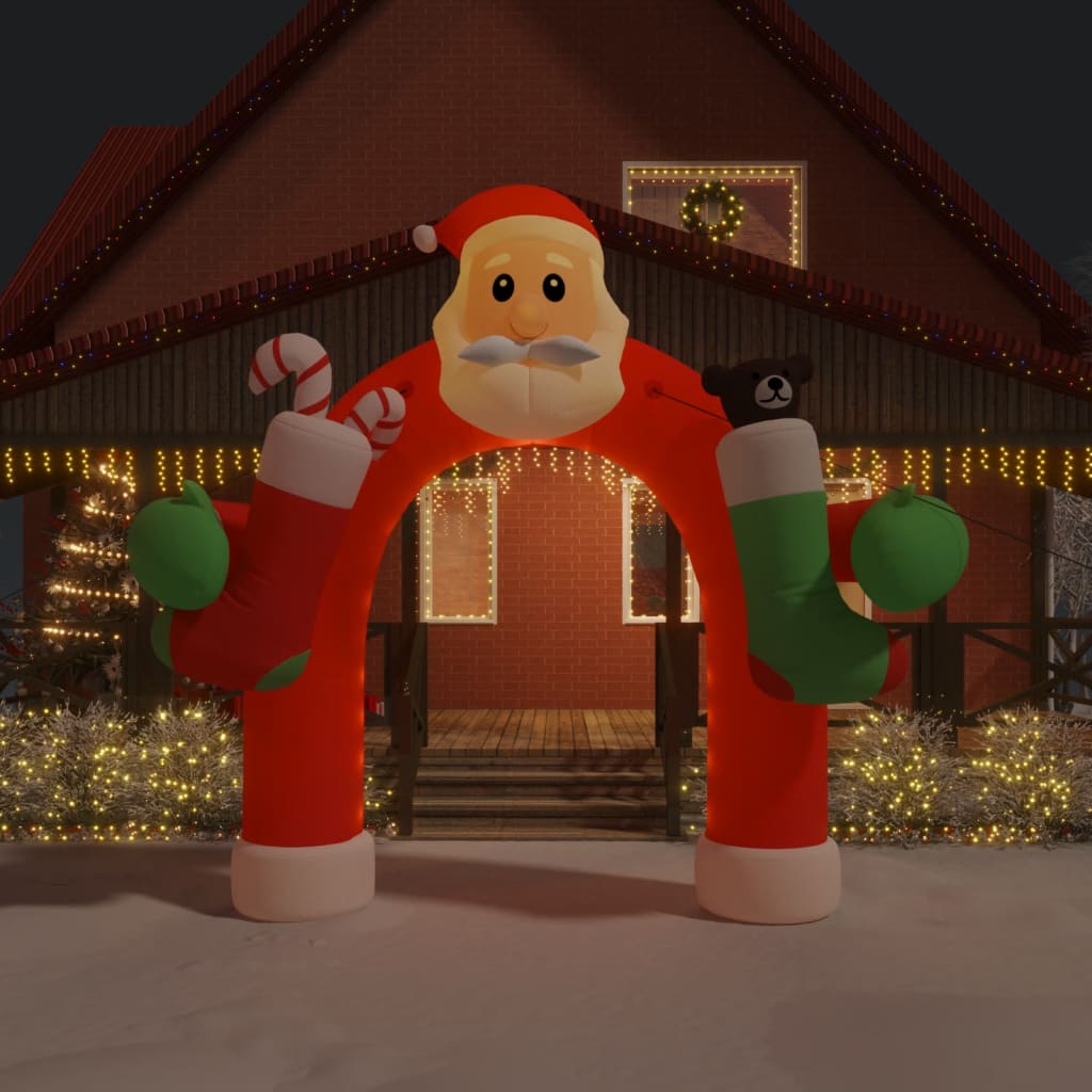 Inflatable multicolor LED Christmas arch gate with Santa, 126 inches tall.