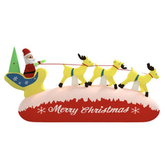 Inflatable Santa in sleigh with three reindeer and multicolor LED lights on a red base.