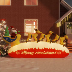 Inflatable multicolor LED Santa and reindeer Christmas decoration with "Merry Christmas" text.