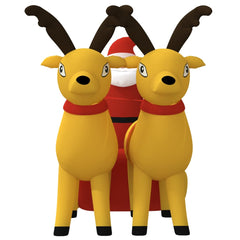 An inflatable Christmas decoration featuring Santa Claus flanked by two reindeer.