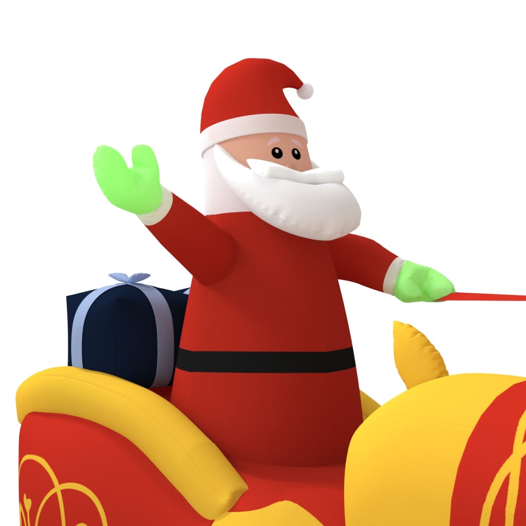 Inflatable 51.2-inch Santa in red suit waving on yellow sleigh with reindeer, LED-lit.