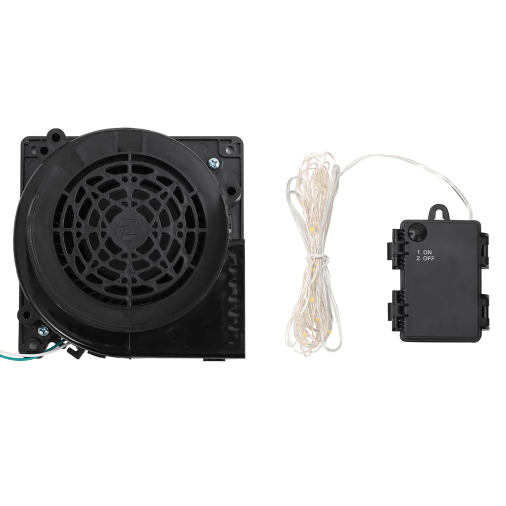A black air blower and a coiled string of LED lights with a battery pack.