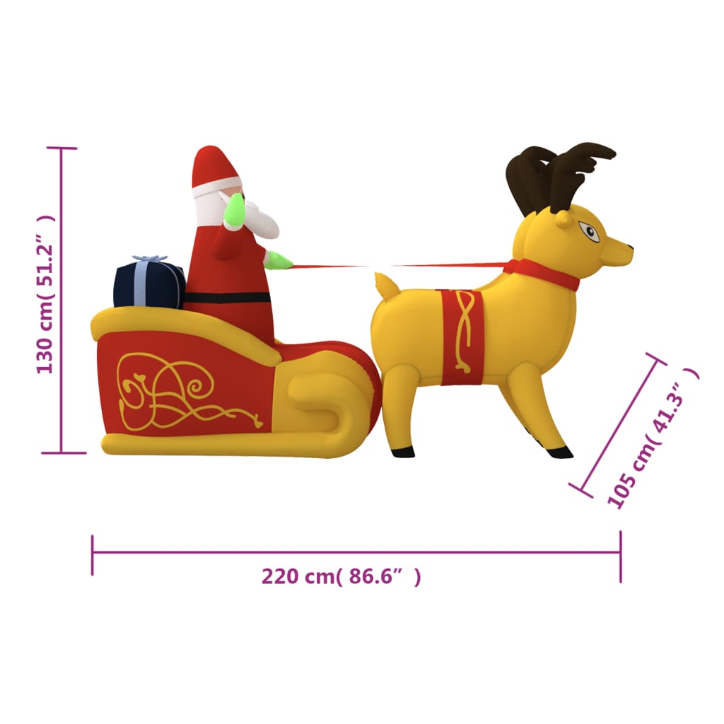 Inflatable Santa in red sleigh pulled by yellow reindeer, with LED lights and size dimensions shown.