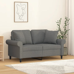 Two dark gray square throw pillows made of fabric, measuring 15.7 inches each.