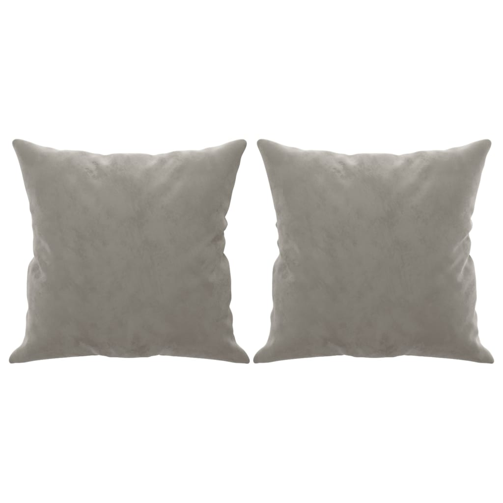 Two light gray velvet throw pillows, each 15.7 inches square, shown side by side.