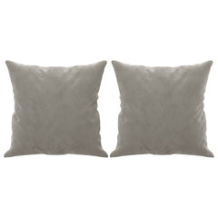 Two light gray velvet throw pillows, each 15.7 inches square, shown side by side.