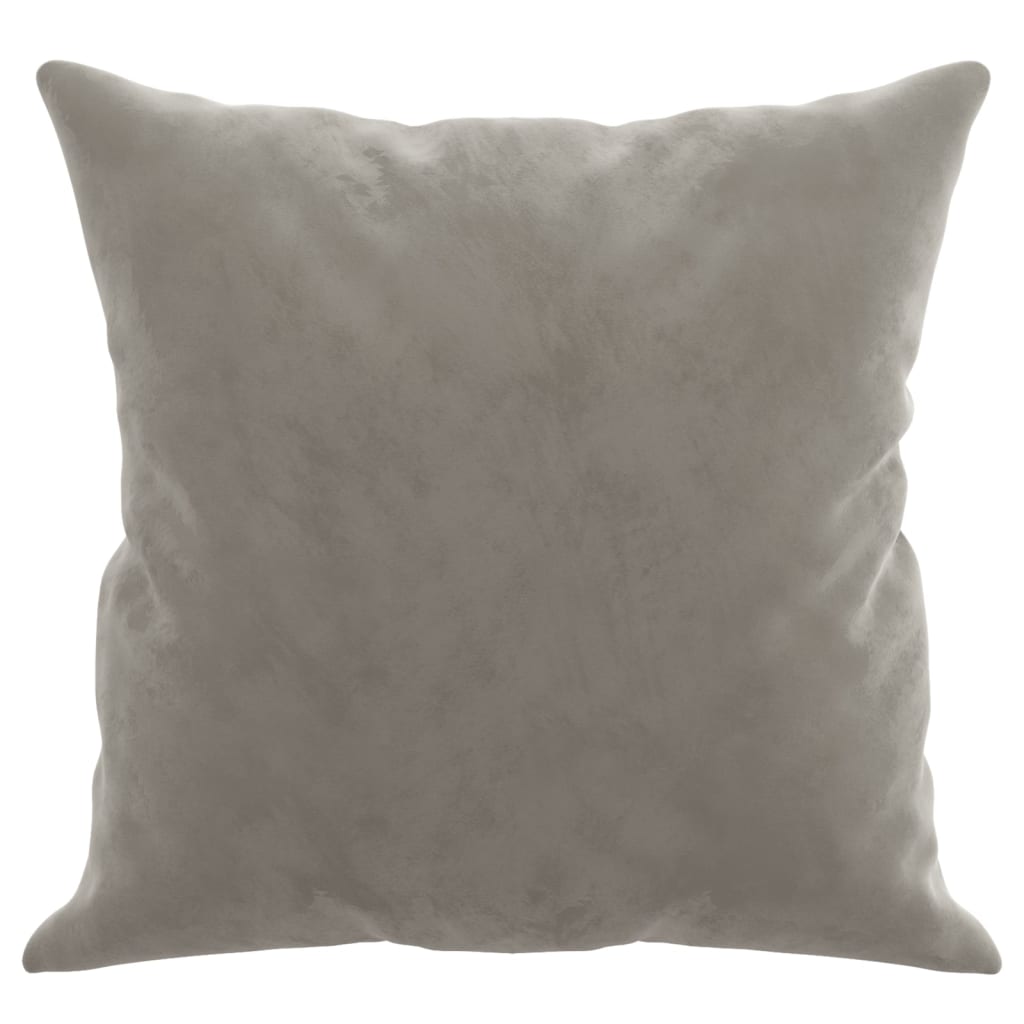 Set of two light gray velvet throw pillows, each 15.7 inches square.