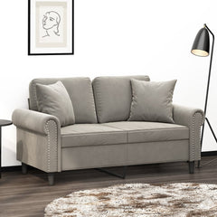 Set of two light gray velvet throw pillows, each 15.7 inches square.