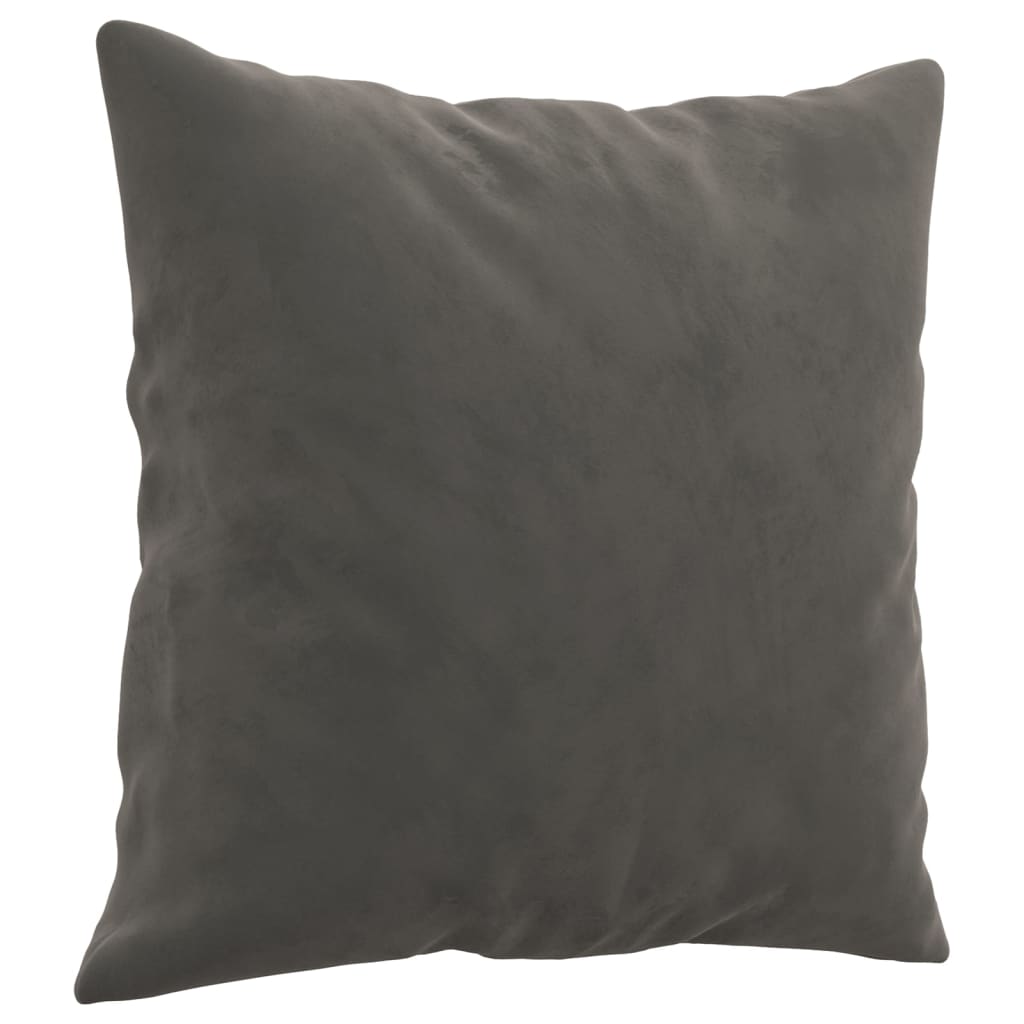 Two dark gray velvet throw pillows, each 15.7 inches square, shown from multiple angles.
