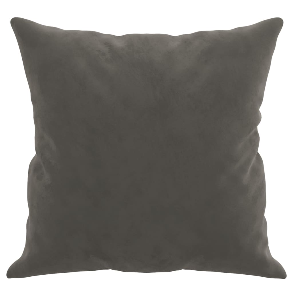 Two dark gray velvet throw pillows, each 15.7 inches square, shown from multiple angles.