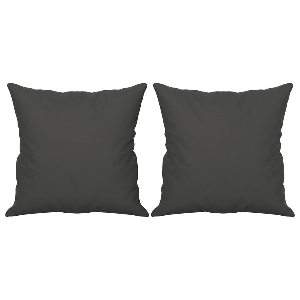 Two dark gray microfiber throw pillows, each 15.7 inches square, displayed side by side.