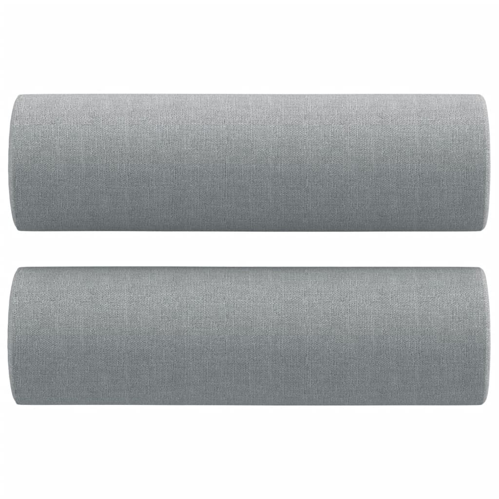 Two light gray fabric bolster throw pillows, each 5.9 by 19.7 inches.