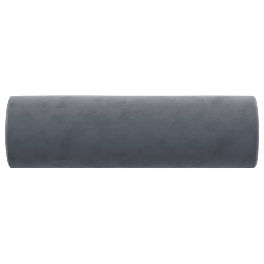 Two dark gray velvet throw pillows in a cylindrical bolster shape, 5.9 by 19.7 inches.
