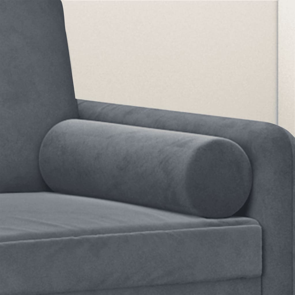 Two dark gray velvet throw pillows in a cylindrical bolster shape, sized 5.9 by 19.7 inches.