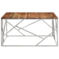 Coffee Table Silver, Natural Wood Stainless Steel, Solid Acacia Wood