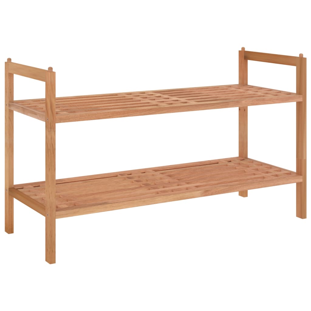 A two-tier solid walnut wood shoe rack measuring 27.2 by 10.6 by 16.1 inches.