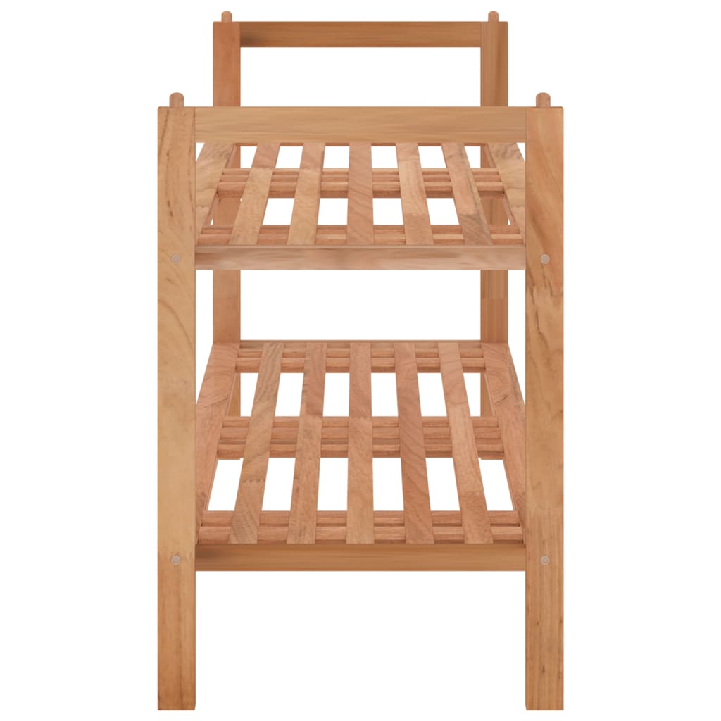 Two-tier solid walnut wood shoe rack with slatted shelves and side handles.