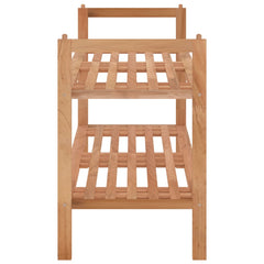Two-tier solid walnut wood shoe rack with slatted shelves and side handles.