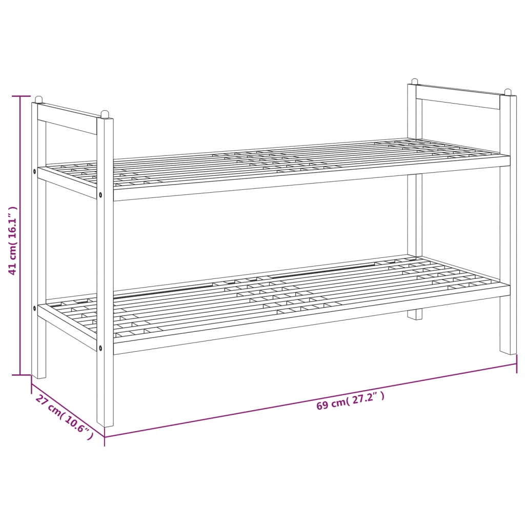 Two-tier solid walnut wood shoe rack, 27.2x10.6x16.1 inches, with stackable design.