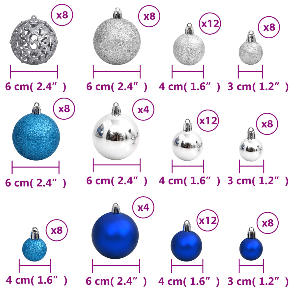 Christmas Baubles 100 pcs Blue and Silver 1.2 / 1.6 / 2.4
