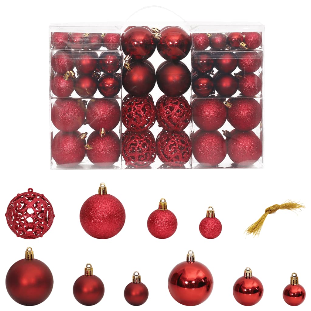 Set of 100 wine red shatterproof Christmas baubles in various sizes and finishes including matte and glitter