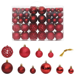Set of 100 wine red shatterproof Christmas baubles in various sizes and finishes including matte and glitter